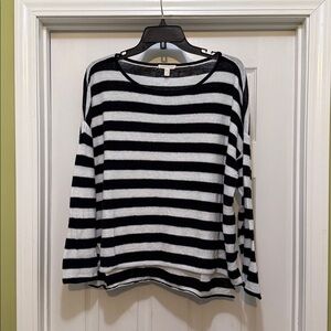 Eileen Fisher Organic Linen Black White Striped Boxy Pullover Sweater Top L